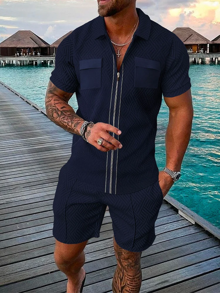 Men's Solid Color Zip Polo Shirt and Shorts Two-Piece Suits