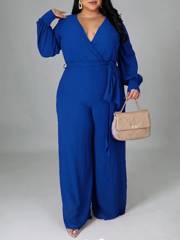 Asymmetric Solid Color Tied Waist High Waisted Long Sleeves Deep V-Neck Jumpsuits