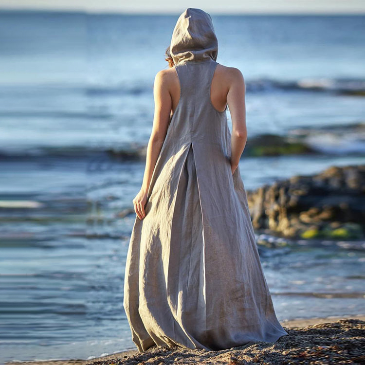 Stylish Linen Sleeveless Women's Kaftan Hooded Dress