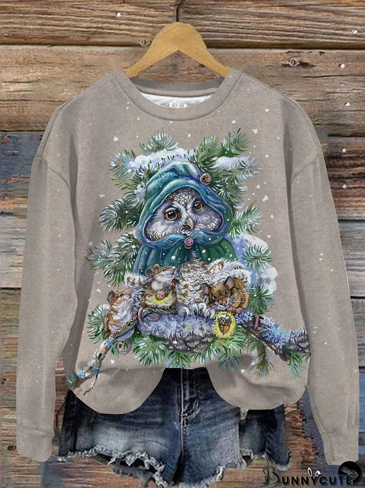 Owl And Mice print Round Neck Long Sleeve Top