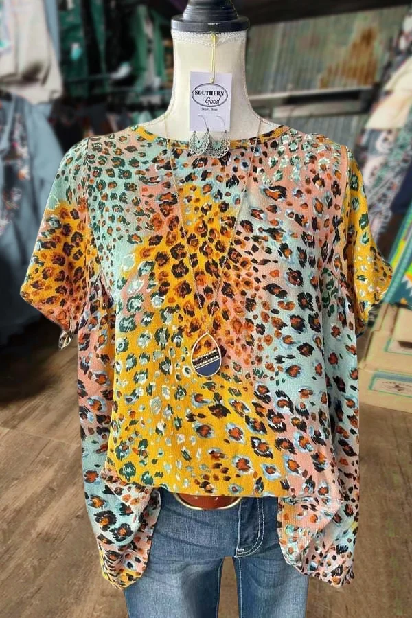 Multicolor Leopard Print Short Sleeve Top