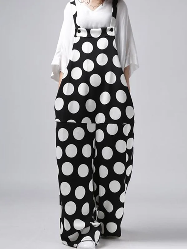 Casual Loose Polka Dot Square Collar Sleeveless Wide Legs Jumpsuit