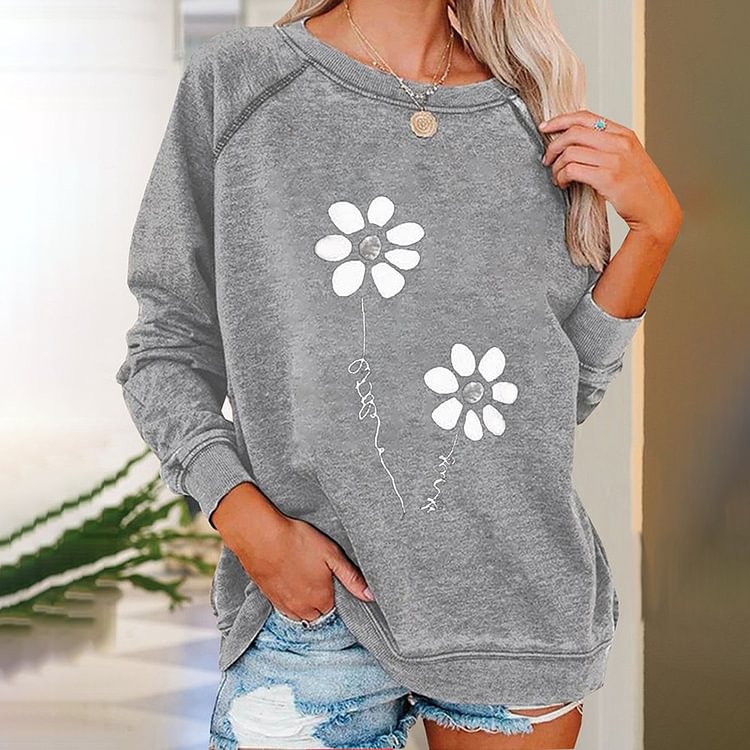 Vefave Loose Floral Print Crew Neck Pullover Sweatshirt