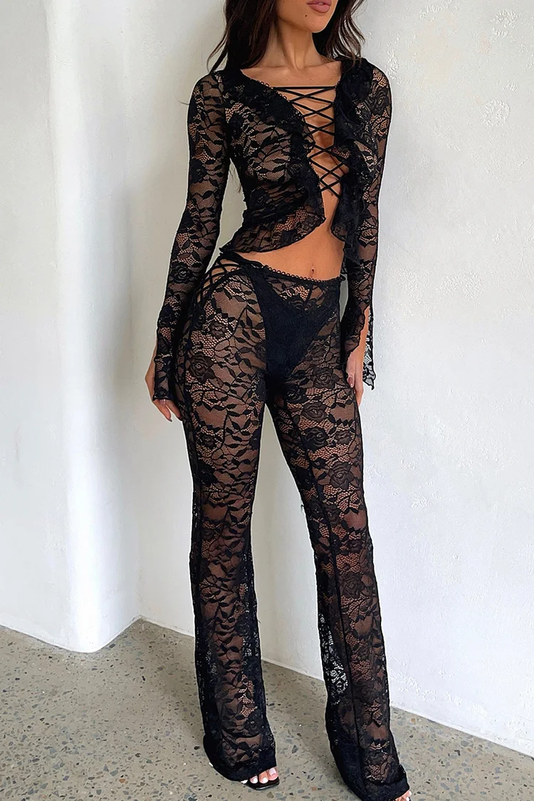 Open Front Lace Up Long Sleeve Crop Top Pants Embroidery See Through Matching Sets