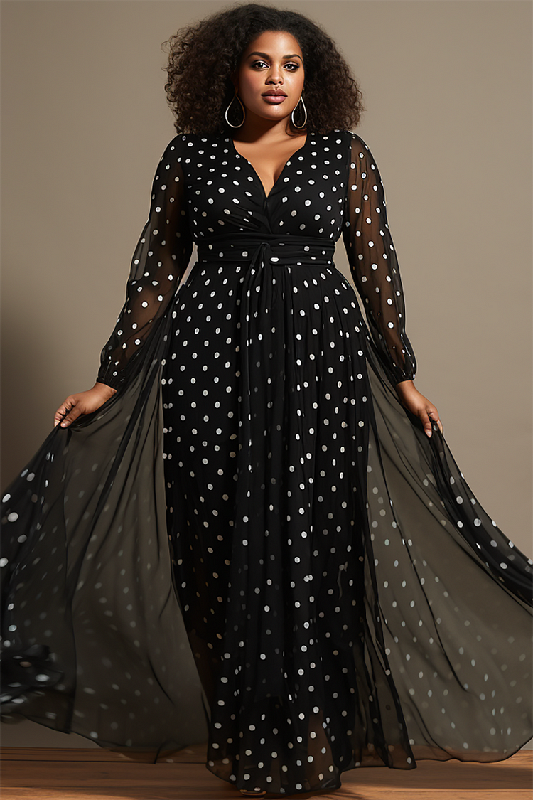 Plus Size Semi Formal Maxi Dresses Elegant Black Polka Dot Fall Winter V Neck Long Sleeve See Through Chiffon Maxi Dresses [Pre-Order]