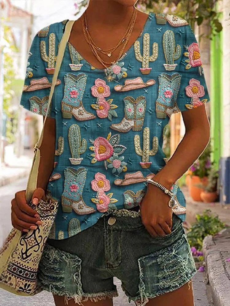 Western Vintage Boots And Cactus Cozy Casual T-Shirt