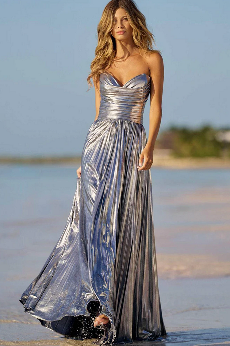 Party Strapless Tunic Pleated Maxi Dress-Silver [Pre-Order]