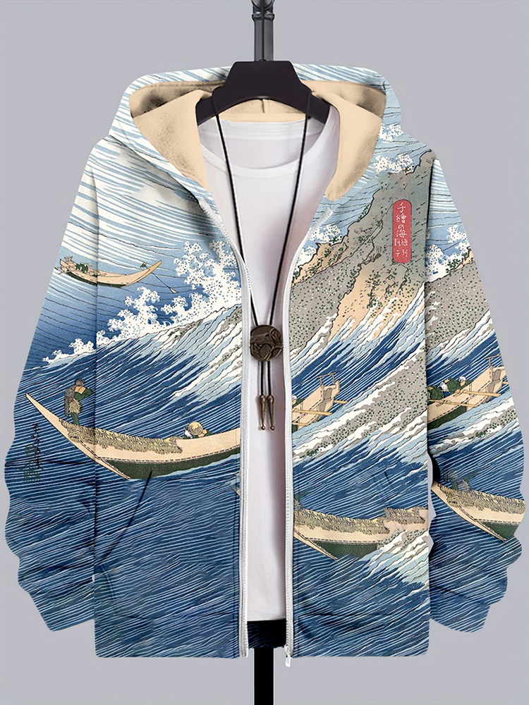 Japanese Style Wave Print Hoodie main image 0