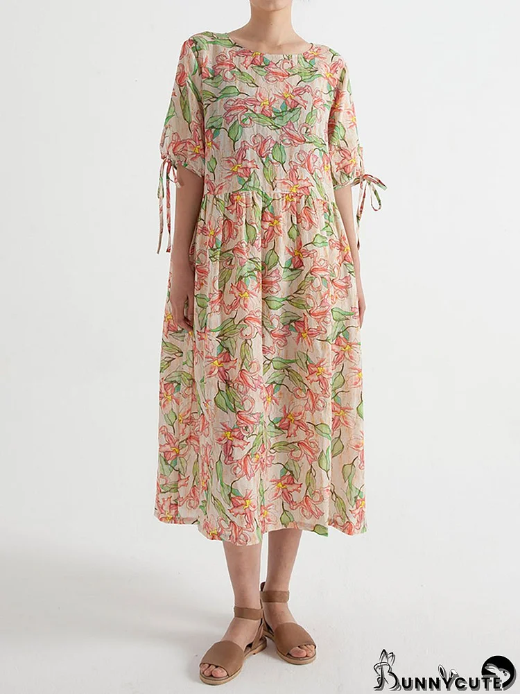 Plus Size Floral Ramie Summer Short Sleeve Loose Dress