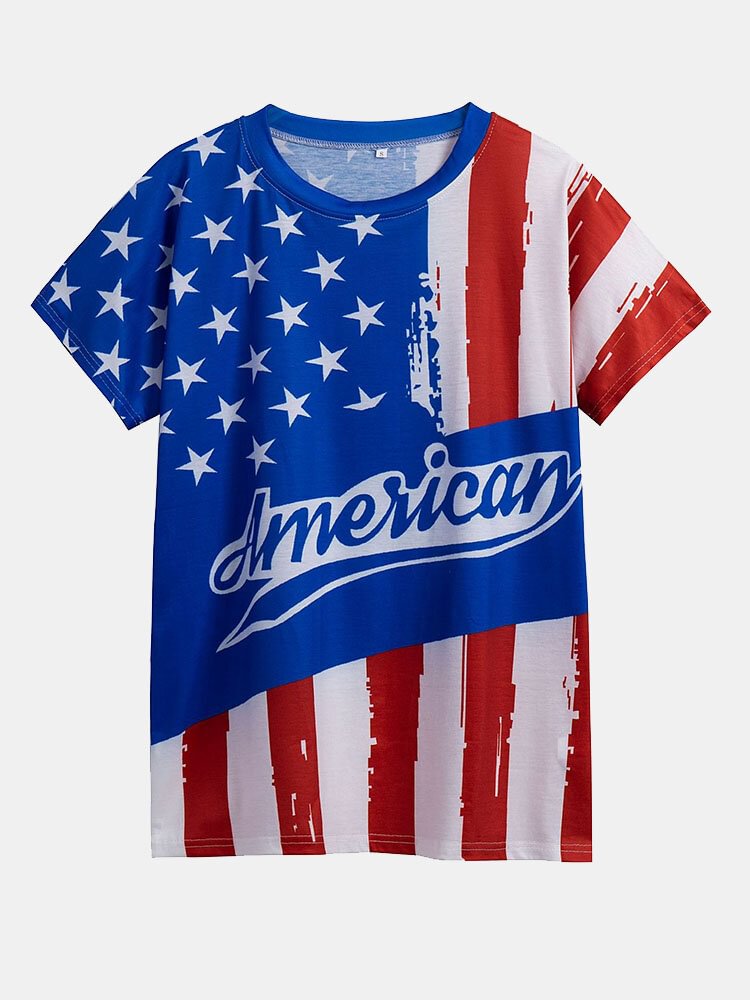 Stars Stripe Letters Print O neck Short Sleeve Women T shirt P1858605