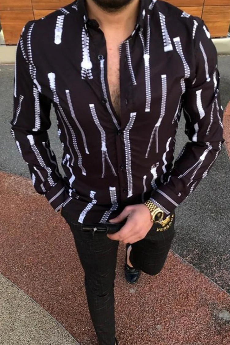 Black Casual Print Split Joint Buckle Turndown Collar Tops