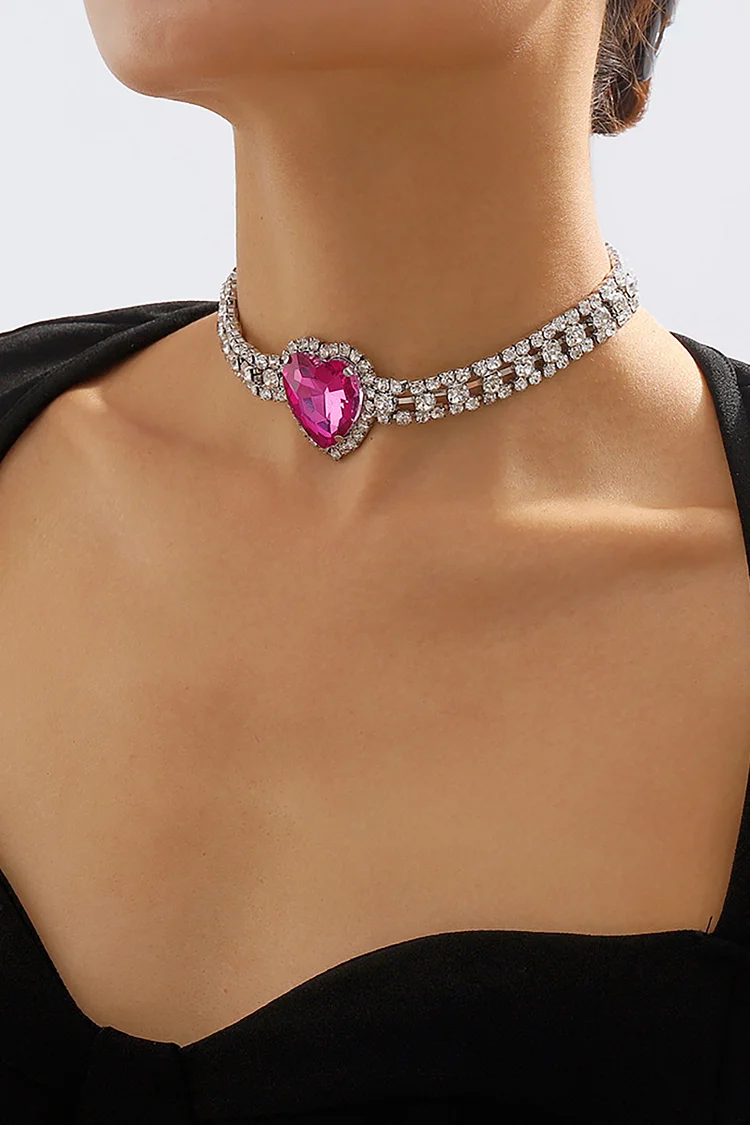 Rhinestone Chain Heart Decor Elegant Alloy Necklace