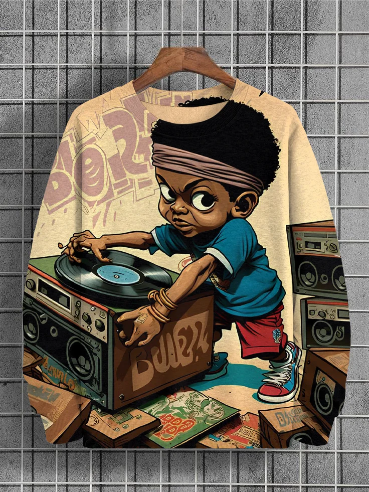 Men's Black Boy DJ Stereo Print Casual Sweatshirt