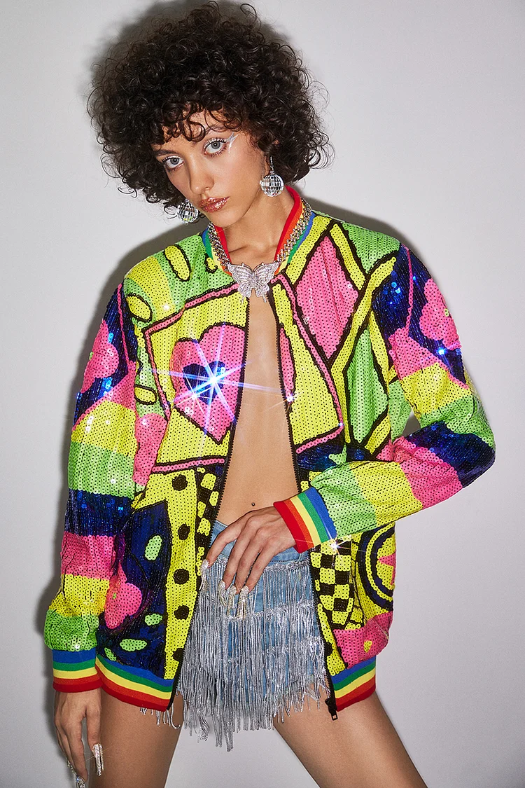 Allover Pattern Patchwork Sequin Jacket-Multicolor