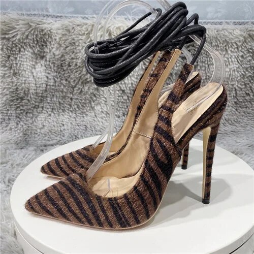 VCshoes Zebra Haircalf Women Extremely 12cm High Heels Pointed Toe Stilettos Pumps For Ladies Party Shoes Bandage RM027
