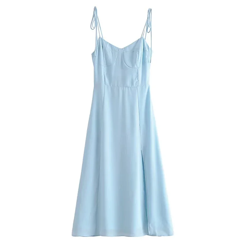 Tlbang Women French Style Light Blue Front Slit Sling Dresses Sexy Sleeveless High Waist Female Holiday Summer Chiffon Dress