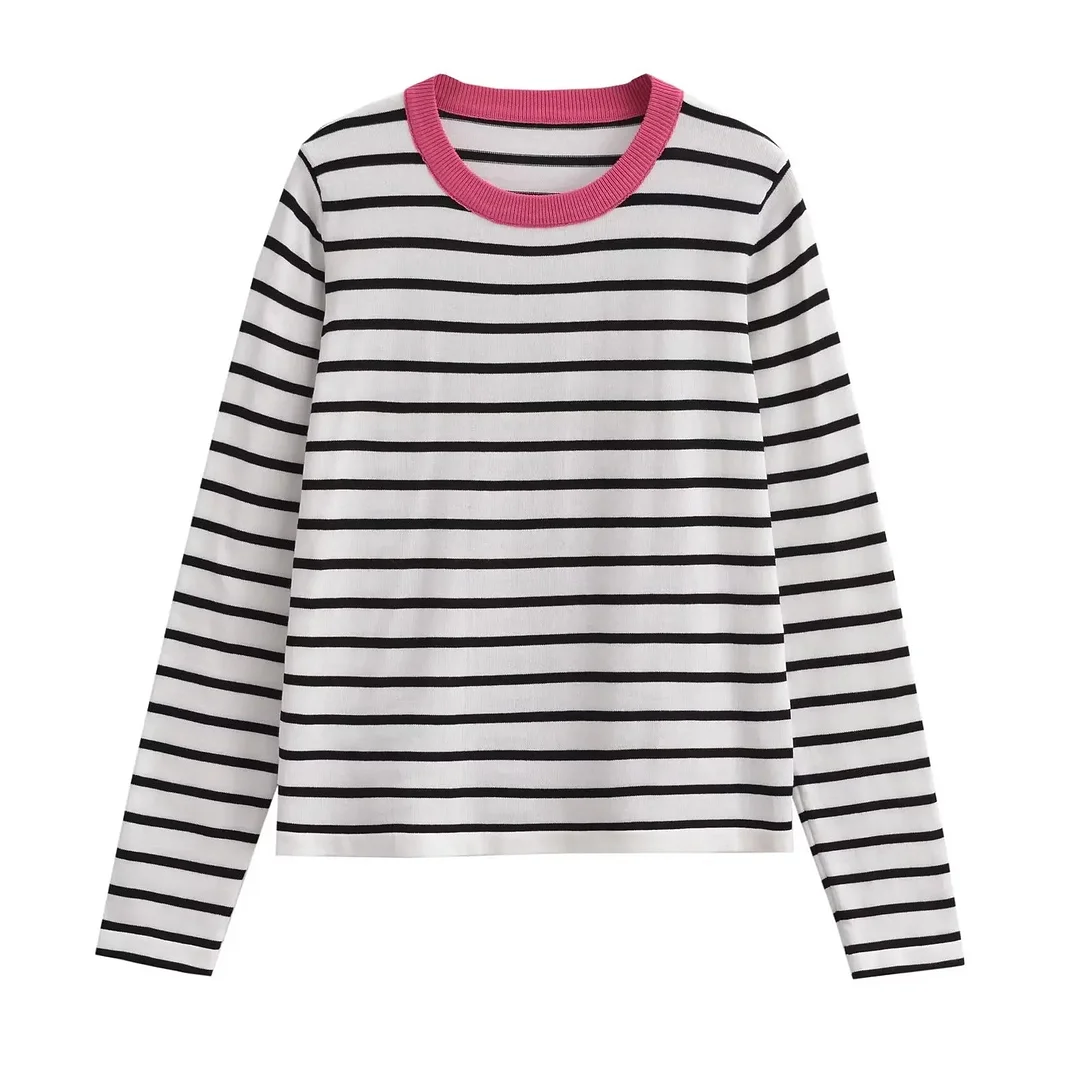 Tlbang New Women Long Sleeve O Neck Striped Casual Knit Sweater