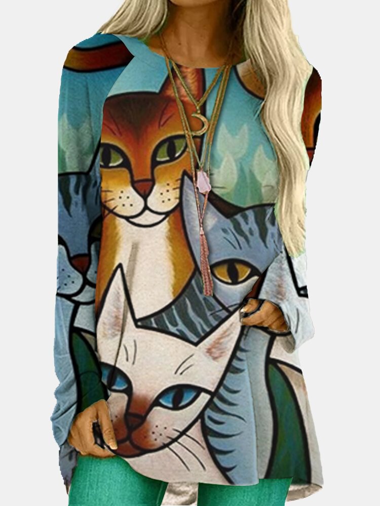 Cartoon Cat Printed O neck Long Sleeve Loose Blouse P1729973