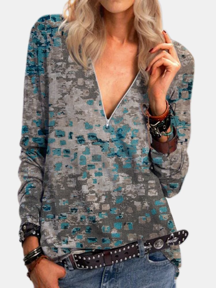 Vintage Printed Long Sleeve V neck Zip Front T shirt For Women P1770366
