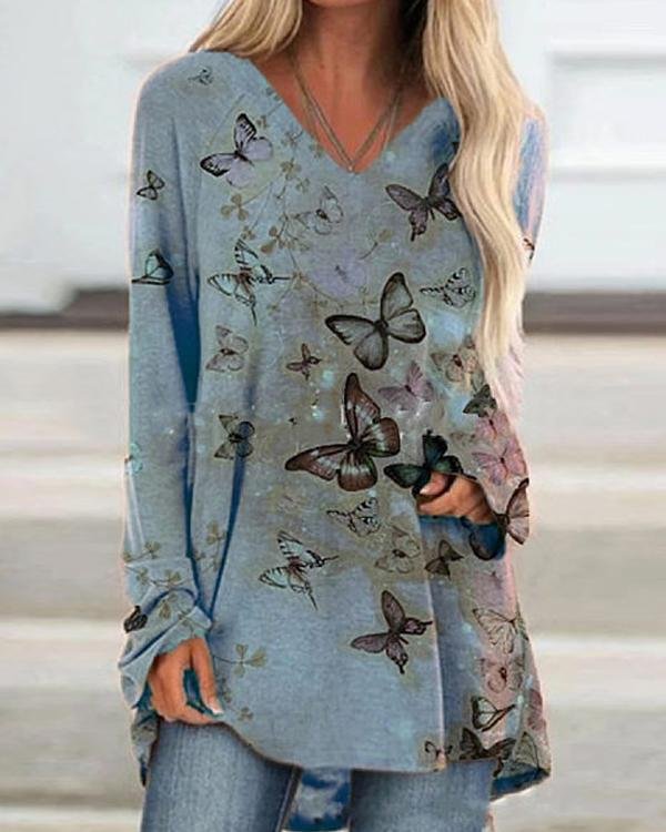 Autumn Butterfly Printed V Neck Slim T-shirt
