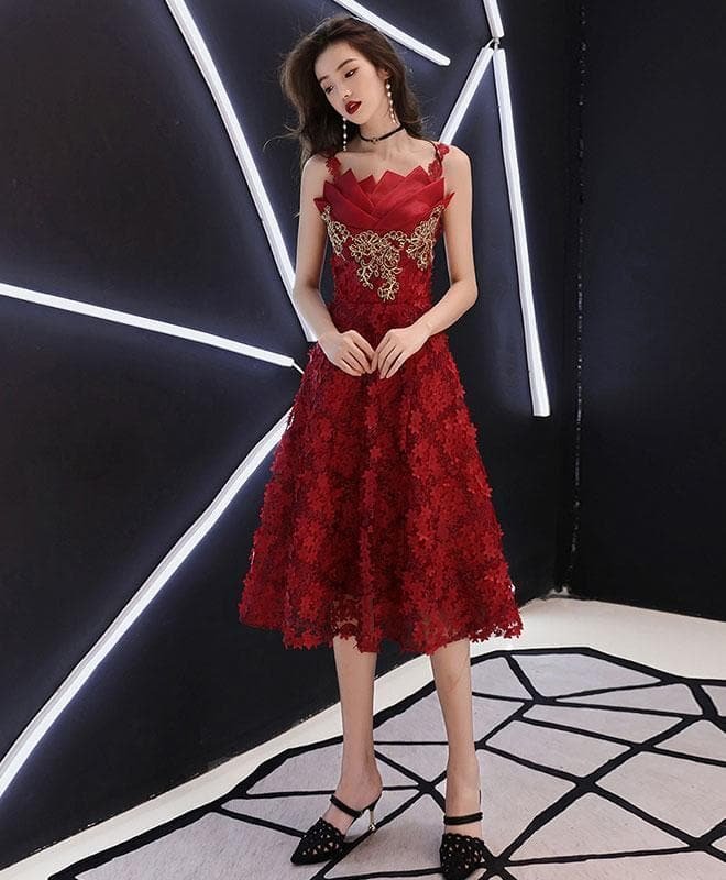 Burgundy Lace Short Prom Dress, Burgundy Homecoming Dress
