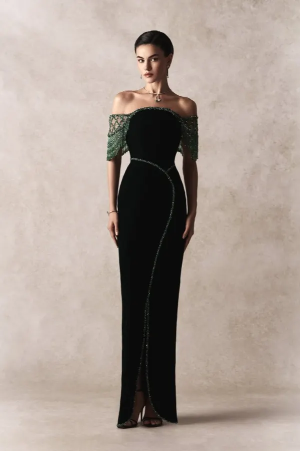 Lussooy Elegant Black Off the Shoulder Beaded Strapless Ankle Length Sheath Prom Dress
