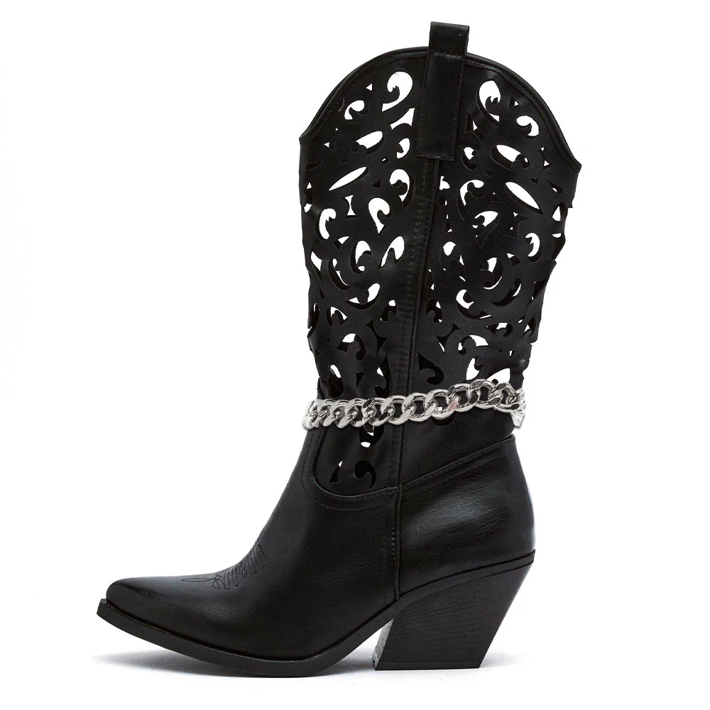  Hollow Boots Black Chain Decor Cone Heel Boots Nicepairs