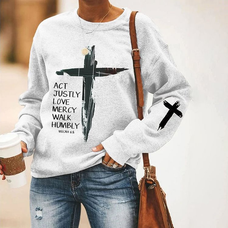 VChics Jesus Has My Back, Act Justly Love Mercy Walk Humbly Cross Faith Casual Sweatshirt