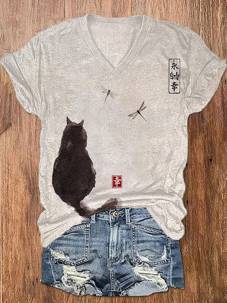 Comstylish Ink Painting Black Cat Japanese Art Print Vintage V-neck T-shirt