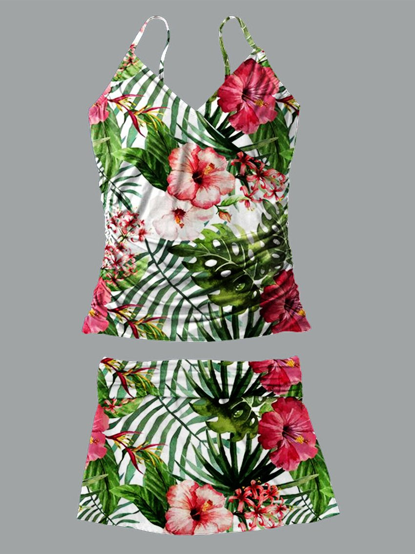 Women’s V-neck Tropical Leaves Flowers Print Suspender Skirt Tankini 