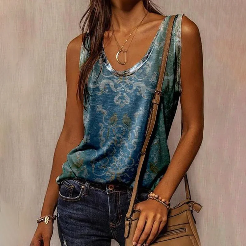 Casual Cotton-Blend Printed Sleeveless Tank Top