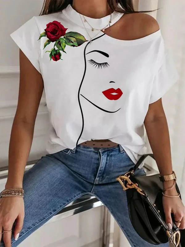 Original One-Shoulder Floral Face Stamped T-Shirt Top