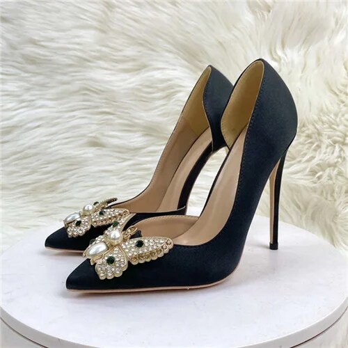 VCshoes Pearl Bow Decoration Pointed Toe 12cm High Thin Heels Office Party Dating Lady Pump SJ014