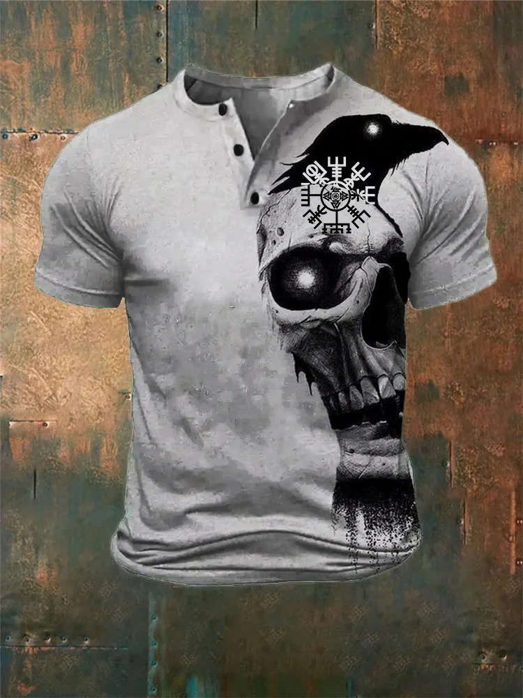 Broswear Men's Viking Vegvisir Skull Raven Graphic Henley Shirt