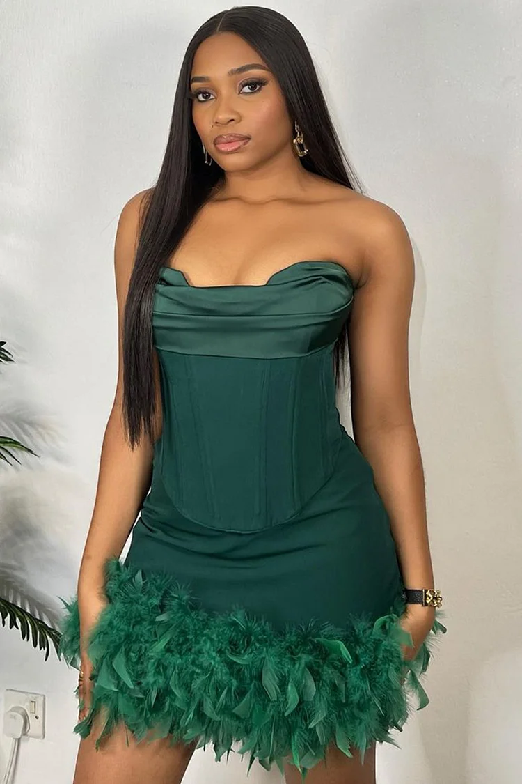 Strapless Corset Top Feather Mini Skirt Party Matching Set-Green [Pre Order]