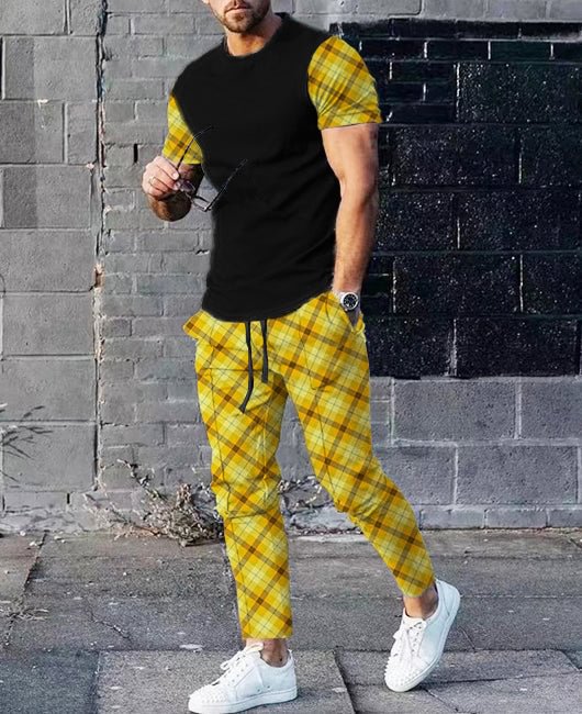 Casual Color-block Gingham Print Short Sleeve Shirt & Drawstring Pants 2Pcs Set