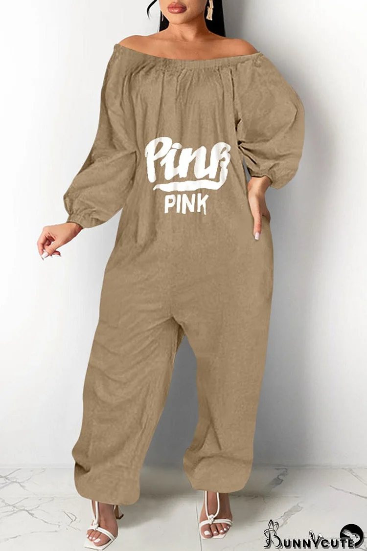 Coffee Casual Print Patchwork Off the Shoulder Loose Jumpsuits