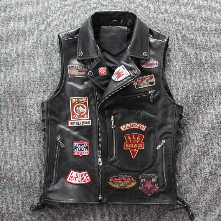TIMSMEN Vintage Cowhide Embroidered Multi-label Harley Motorcycle Riding Vest