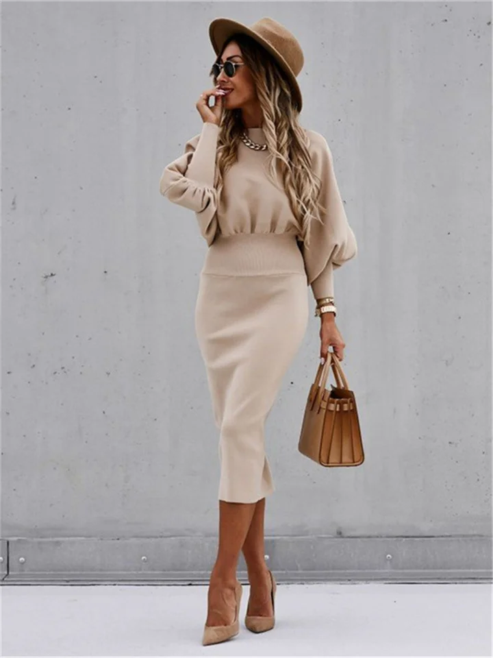 Women's Work Dress Sheath Dress Midi Dress Black Red Beige Long Sleeve Pure Color Ruched Winter Fall Autumn Crew Neck Fashion Winter Dress Daily Vacation S M L XL XXL-JRSEE