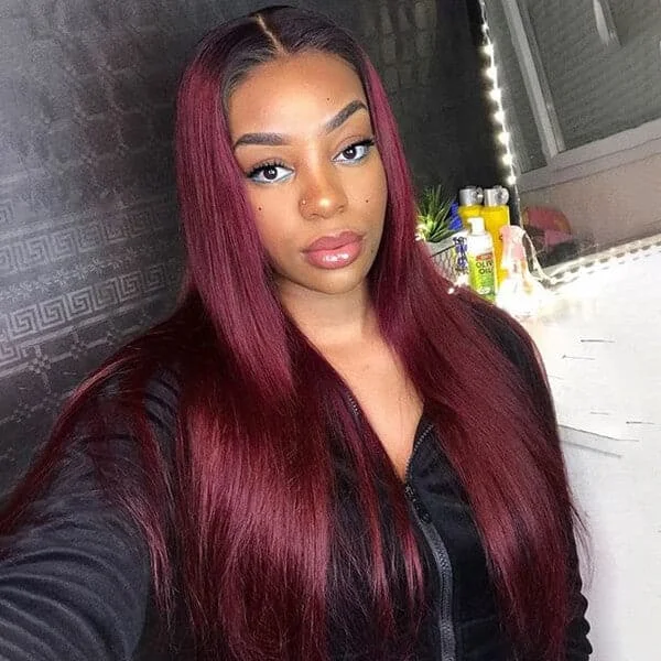 Straight Ombre 1B/99J Burgundy 360 Lace Frontal Wig Straight Human Hair Wigs