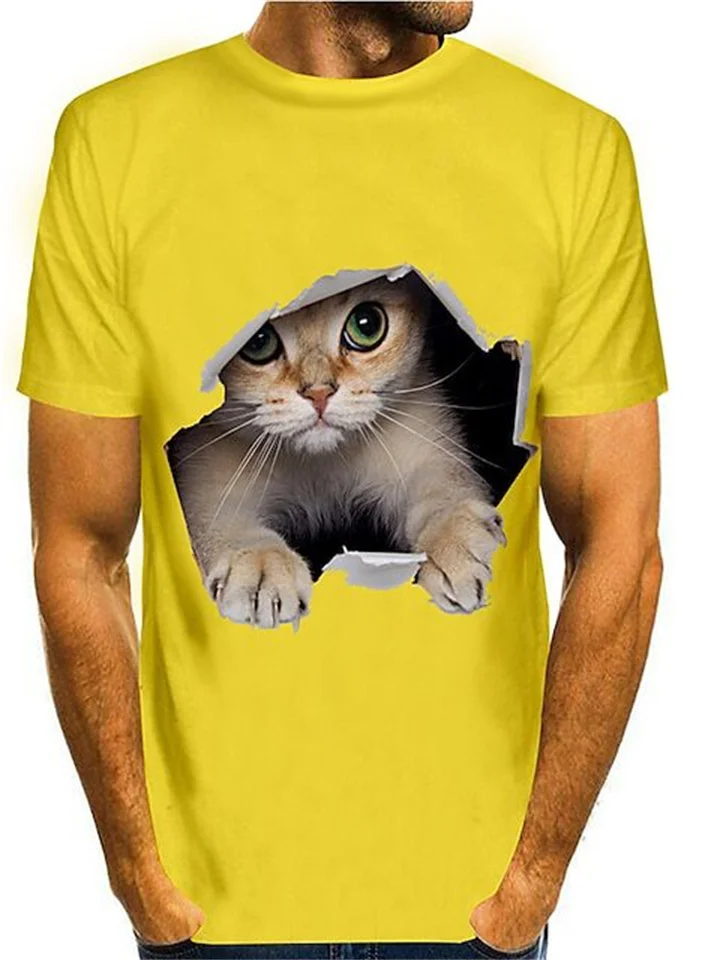 Summer Daily Casual Round Neck Short Sleeve 3D Cat Print Men's T-shirt White Purple Yellow Color Red Green-JRSEE