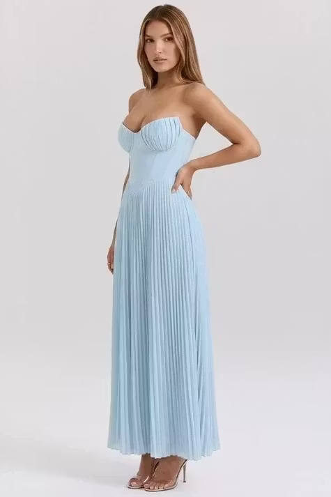 Lussooy Simple Sky Blue Sweetheart Ankle Length Sleeveless Prom Dress with Pleated