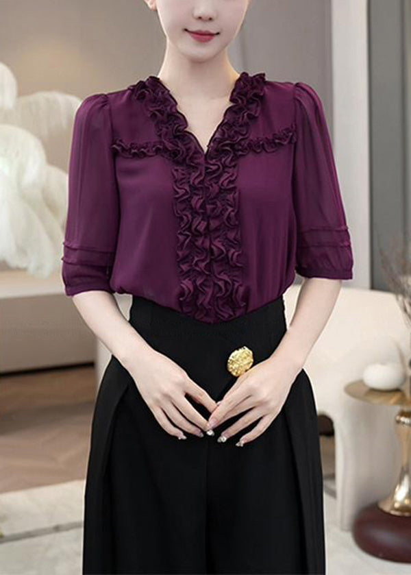 Fitted Sky Blue Ruffled Patchwork Cotton Tops Fall main image 0