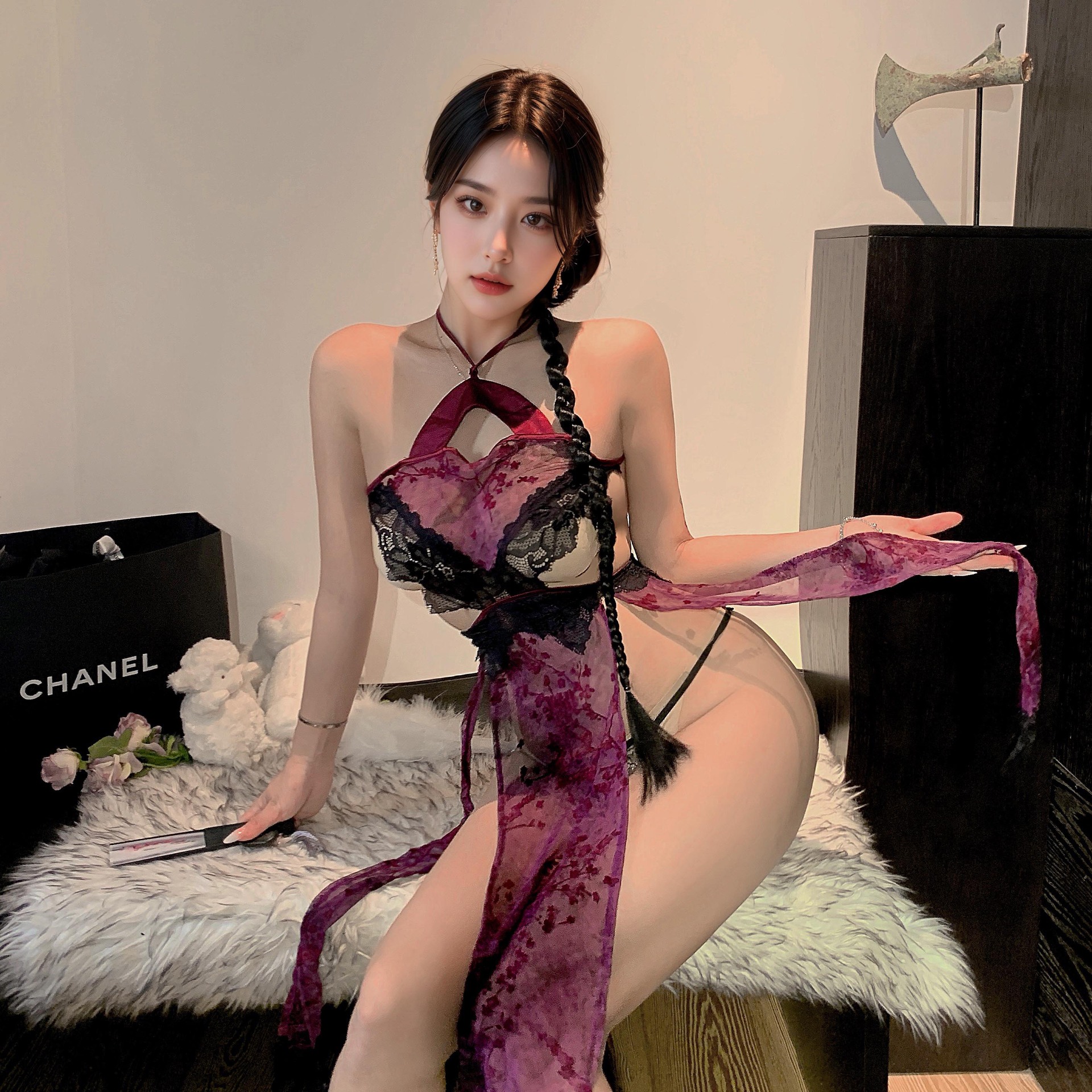 Lovingerie - Sexy Sheer Halter Neck Cheongsam Uniform Suit