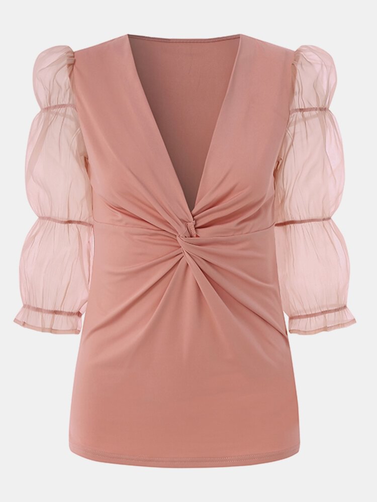Mesh Patchwork V neck Puff Long Sleeve Sexy Blouse For Women P1803351