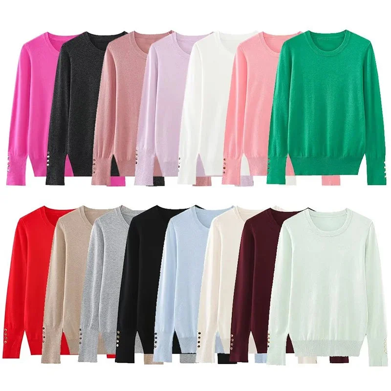 Tlbang Autumn Women Solid Round Neck Long Sleeve Basic Knit Sweater Casual Pullover Tops