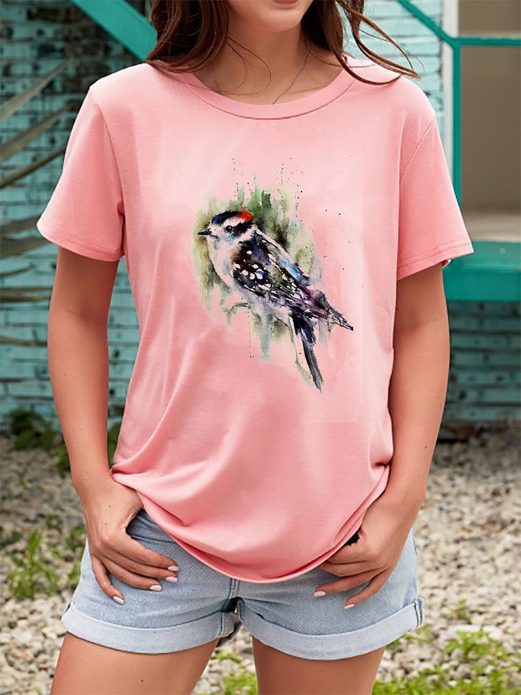 Bestdealfriday Bird Short Sleeve Cotton Blend Crew Neck Shirts Tops 9555504