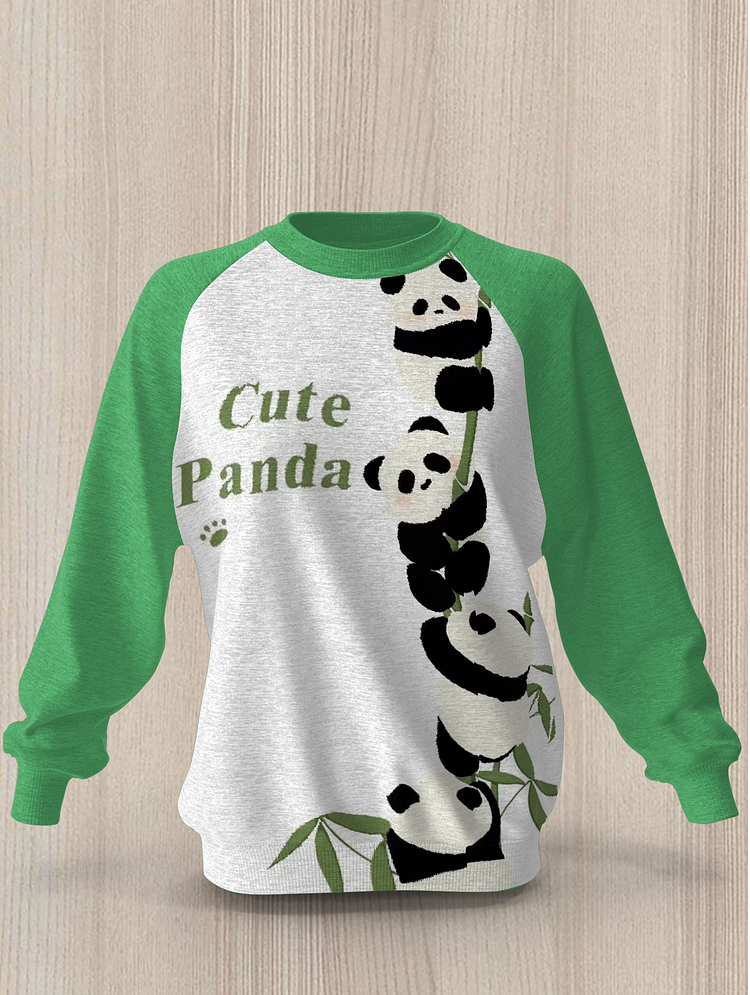 Green Chinese giant panda cute bamboo illustration style print round neck long sleeve sweatshirt