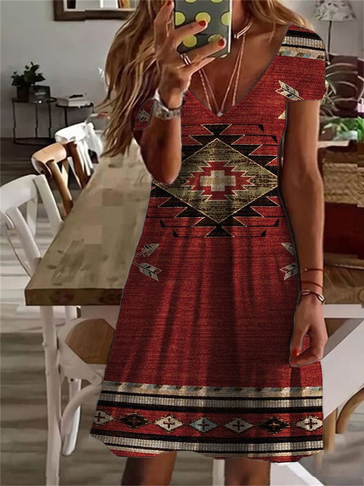 VChics Western Ethnic Aztec V Neck Midi Dress