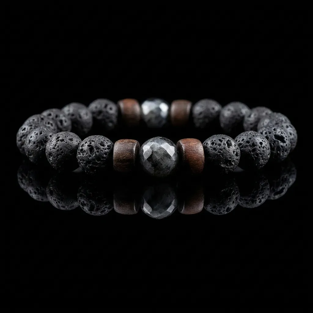 JiStones Earth & Ember: 8mm Volcanic Lava and Natural Wood Bead Bracelet